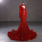 Hot Long Red Sequins Lace Formal Evening Dress with Halter Neck EN5411